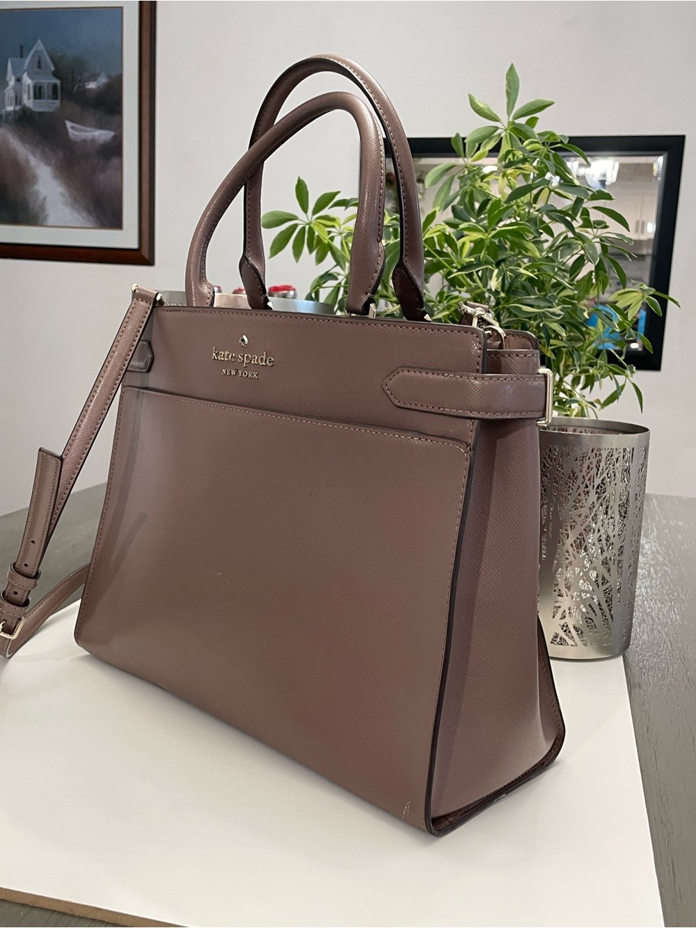 kate spade Mauve Leather Structured Satchel with Detachable Strap